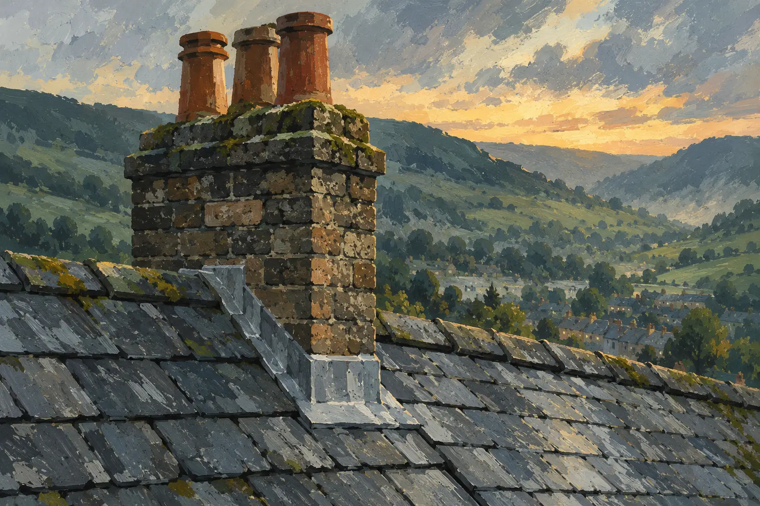 Painting of a stone chimney stack with clay pots and lead flashing on a slate roof