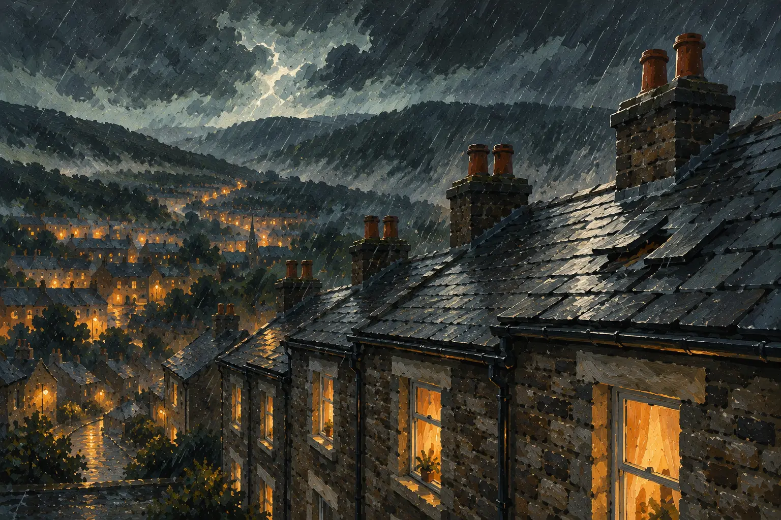 Painting of a night storm over terraced houses on a valley hillside, with rain and lit windows