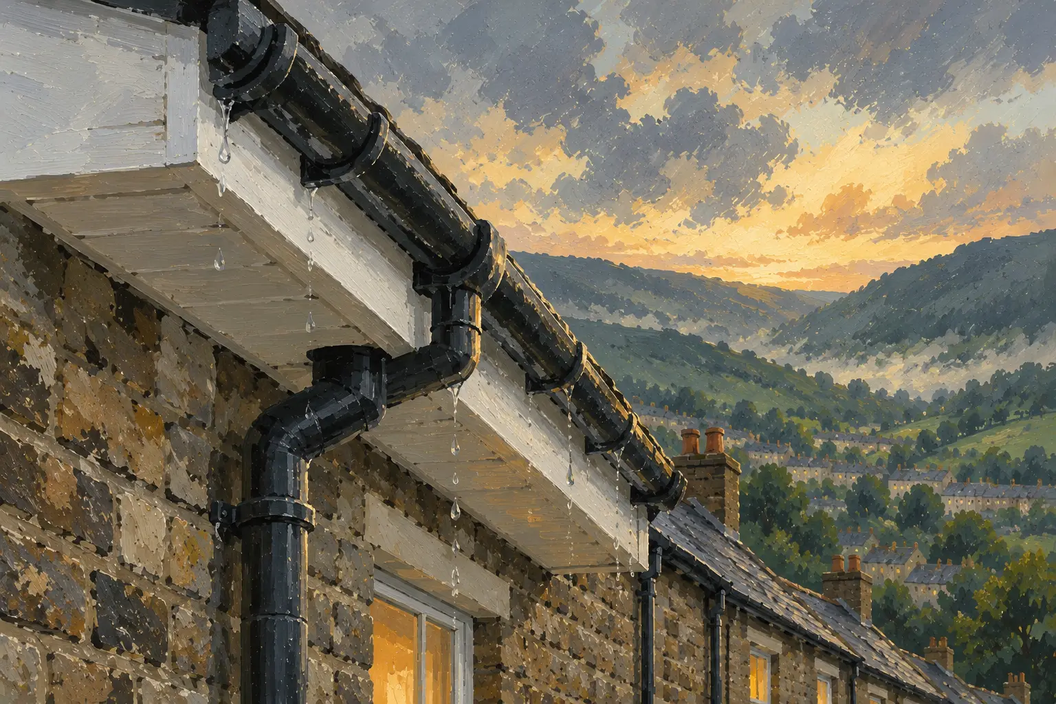 Painting of the eaves of a stone terrace with white fascias and a black gutter in the rain