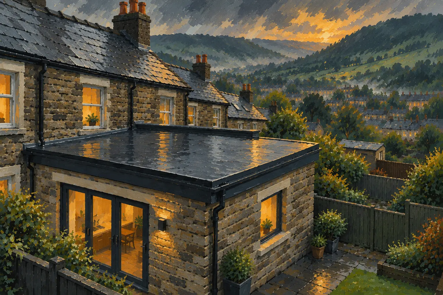 Painting of a single-storey rear extension with a dark flat roof behind a stone terrace