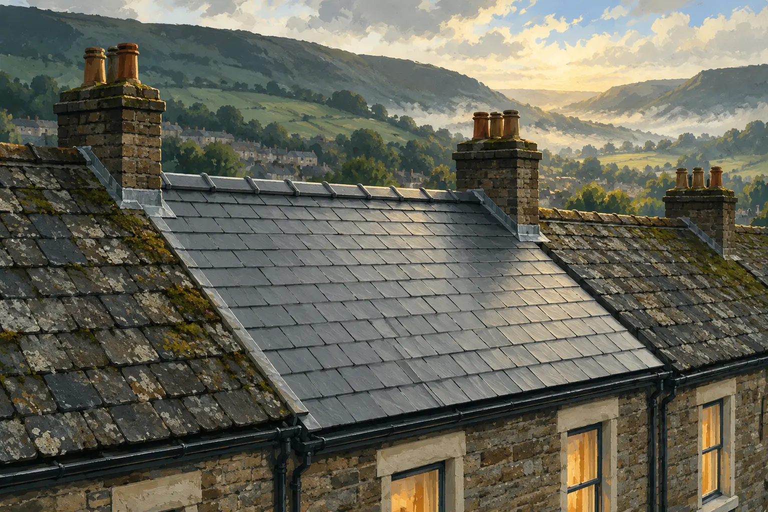 Painting of a terraced house with a new slate roof between older weathered roofs