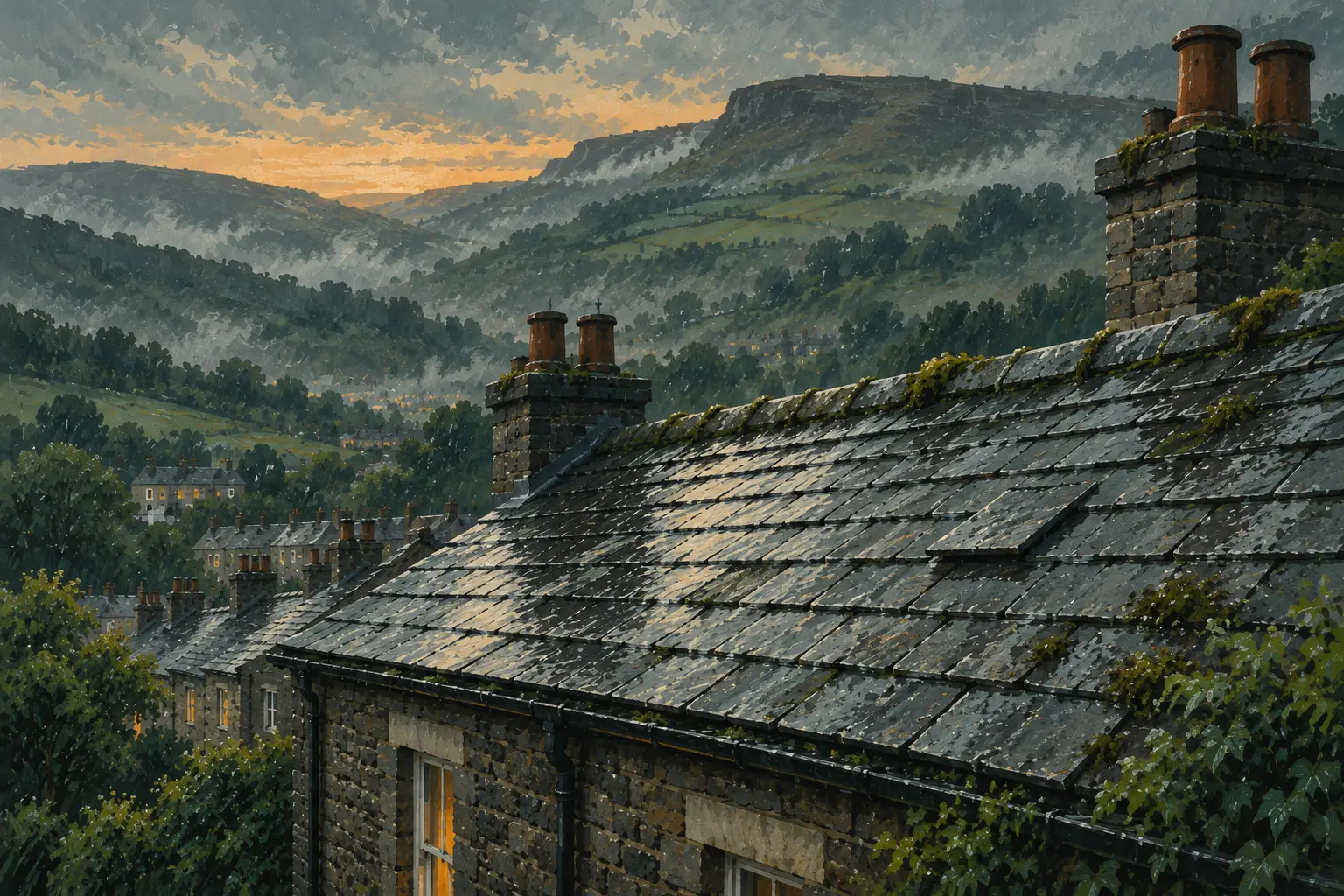 Painting of an old slate roof on a stone terrace, with moss on the ridge, above the valley