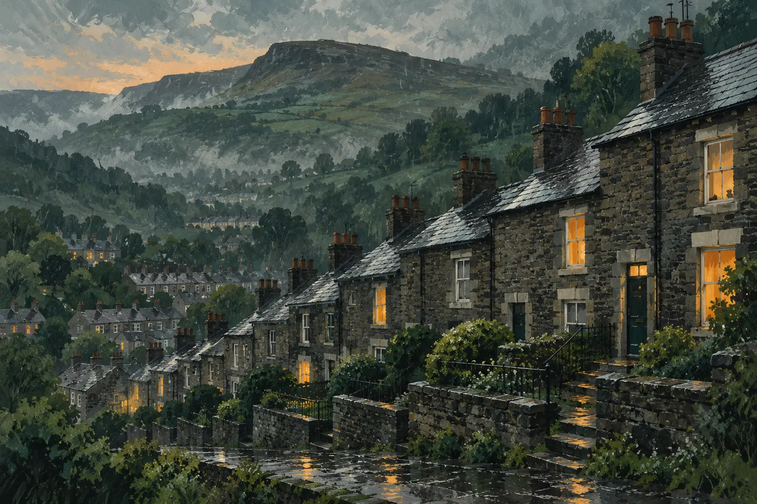 Painting of stone terraced houses stepping up a green valley hillside at dusk, with lit windows